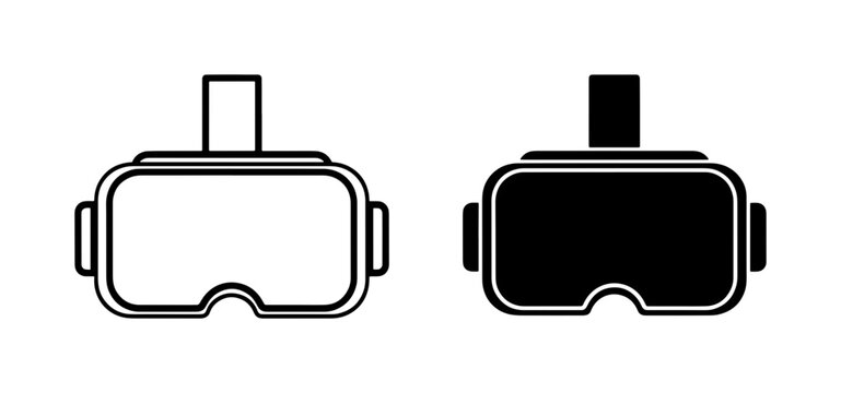 Virtual reality headset icon set, black and white VR goggles vector illustrations, digital gaming equipment symbols for UI design
