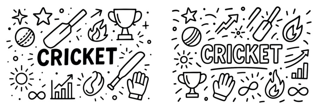 Sport icons with cricket bat ball trophy doodle
