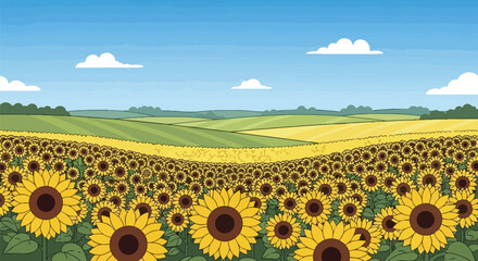 Fototapeta premium Vast Sunflower Field Under Blue Sky with Clouds - Rural Landscape
