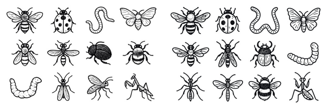 Insect icons with bee lady bug butterfly outline