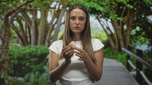 Woman holding makeup sponge and touching forehead while applying foundation in forest pathway; concentration.