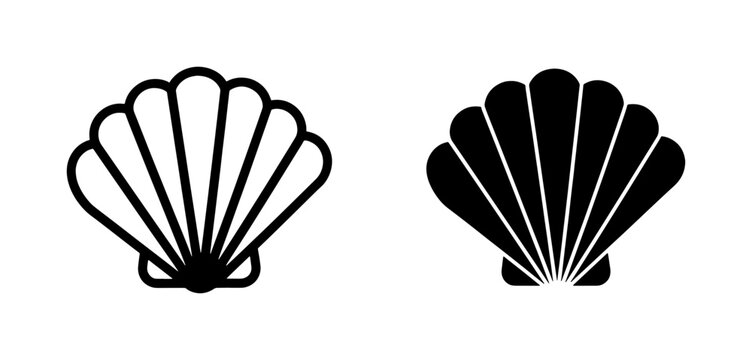 Minimalist seashell vector icons, black scallop shell silhouettes, nautical beach symbols for summer branding and logo design, isolated marine elements