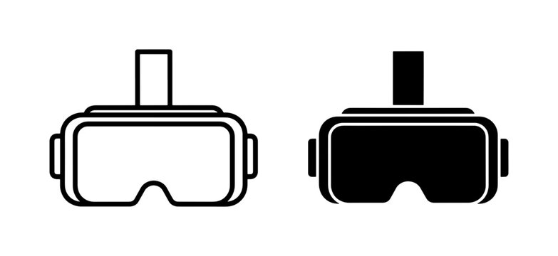Virtual reality headset icons, minimalist VR goggles vector set, black and white digital eyewear symbols for gaming and simulation technology