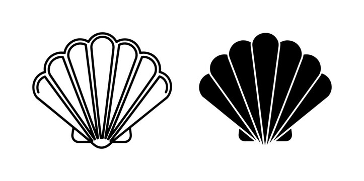 Minimalist seashell vector icons, black outline and solid scallop shell silhouettes, nautical beach symbols for summer branding and logo design