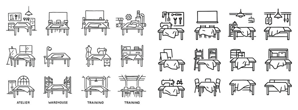 Atelier icons with table bed sewing minimal