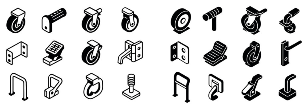 Hardware icons with caster wheels and brackets isometric