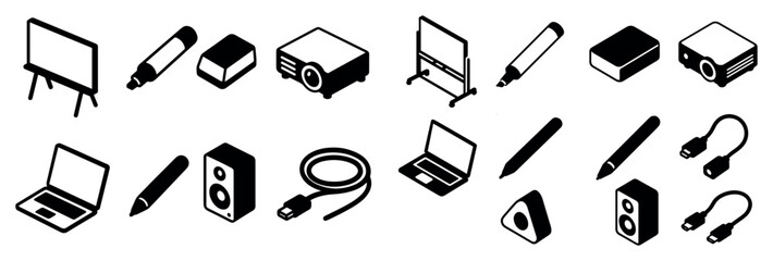 Obraz premium Presentation icons with laptop projector pen flat