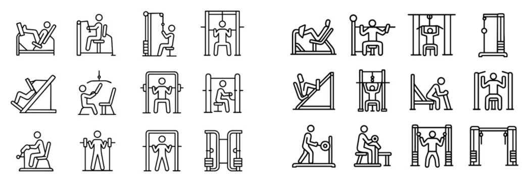 Fitness icons with pulley bench press rack outline