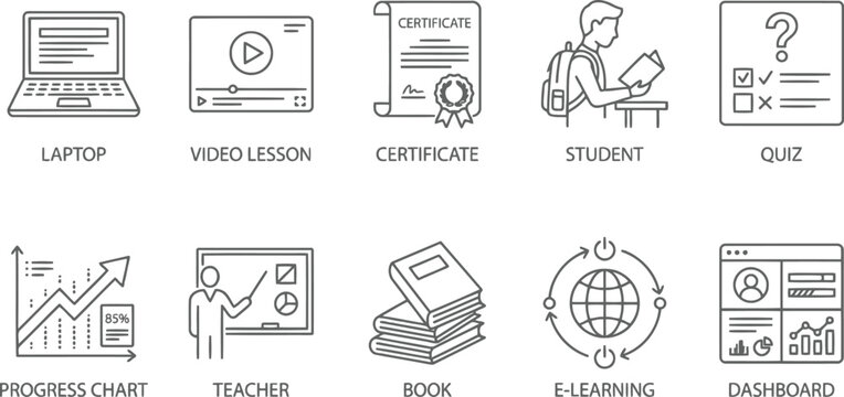 e learning icons set, education symbols, online learning graphics