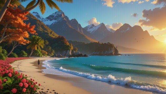 A serene summer vacation view of a Mediterranean sunset over the sea and sandy beach coastline with clouds reflecting on the water near a nature island mountain landscape