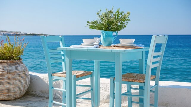 Outdoor dining arrangement with a blue table and chairs, adorned with a vase of fresh greenery, set against a serene sea view