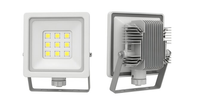 Industrial white led floodlight with cooling fins on white background.