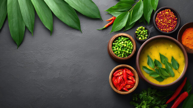 Aromatic Indian dal with vibrant spices displayed against a textured dark surface, garnished with fresh green herbs and leaves creates a visually appealing scene.