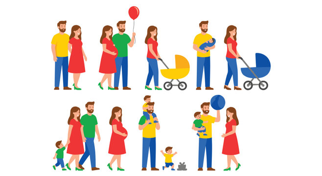 Comprehensive collection illustrates various stages of family life, from pregnancy and infancy to parenthood with young children.