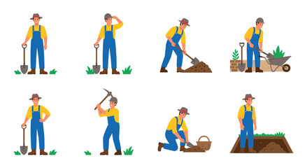 Collection depicts farmer engaged in various agricultural activities, including digging, planting, and cultivating land. Shows person in different poses, using tools for gardening and farm work. © SADIKUR