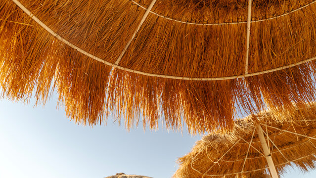 Golden thatch umbrellas frame a clear blue sky