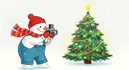 Naklejka premium Festive snowman photographer captures a sparkling christmas tree scene