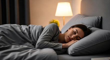 Obraz premium Peaceful young woman resting comfortably in bed while enjoying a deep and restful sleep during the quiet night hours in her cozy bedroom with soft warm lighting nearby tonight