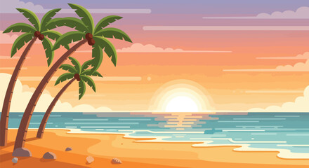 Fototapeta premium Pixel Art Tropical Beach Sunset with Palm Trees and Ocean