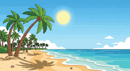 Obraz premium Tropical beach with palm trees, ocean waves, and sunny sky