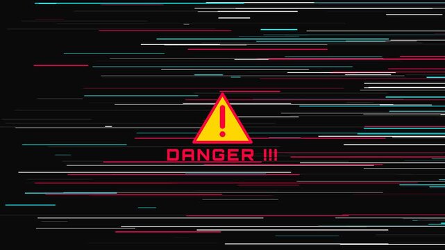 Digital system alert icon displays a critical hazard notification while experiencing intense signal distortion and chromatic aberration for advanced cybersecurity narrative sequences.