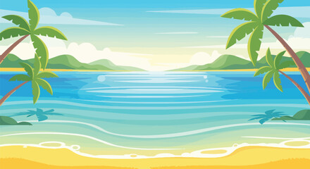 Obraz premium Tropical Beach Paradise: Palm Trees, Ocean, and Sunny Sky