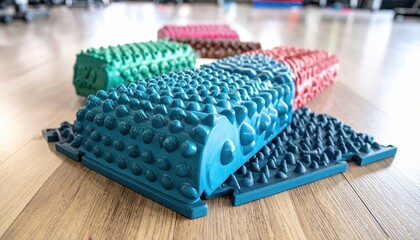Fototapeta premium Colorful Foam Rollers for Fitness and Recovery in Gym Environment