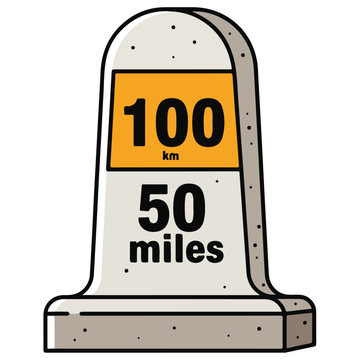 Roadside Milestone Marker 100km 50 Miles Flat Vector Illustration