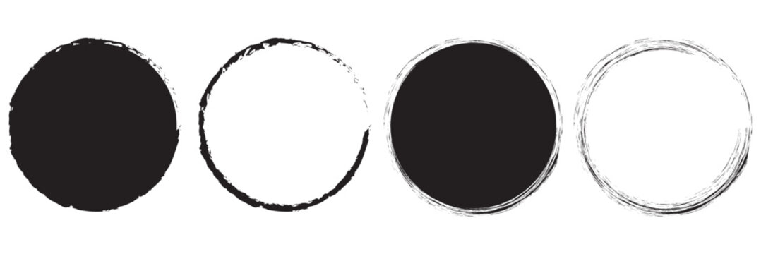 Grunge circles brush set. Black circle frames. Round line of black paint. Grunge round shapes. Circular ink brush stroke fro design elements. Vector illustration. Grunge circle. Hand drawn grunge