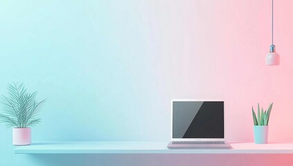 Fototapeta premium A flat illustration of an office desk with a laptop, set against a pastel blue and pink gradient background.