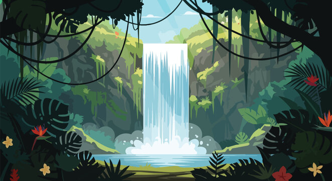 Lush jungle waterfall cascading into a clear pool, surrounded by tropical foliage.