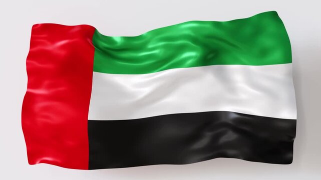 The animation shows the flag of United Arab Emirates in 3D. It waves and flows with motion. The colors of the flag are bright and clear. This creates a visual effect of national pride