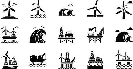 Offshore Wind Energy and Marine Power Icon Set Featuring Wind Turbines Offshore Platforms and Wave Energy Generation © Sukhi