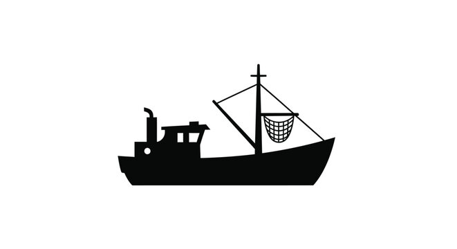 Simple black silhouette of a fishing boat on a white background silhouette