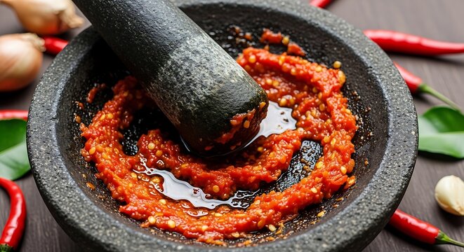 Traditional Stone Mortar and Pestle Grinding Spicy Red Chili Paste Sambal