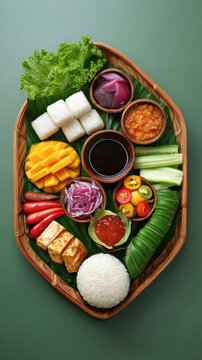 An overhead view shows a delightful Indonesian rujak cingur platter featu tofu, tempeh, vegetables, fruits, sambal sauce, and petis dressing on green background.