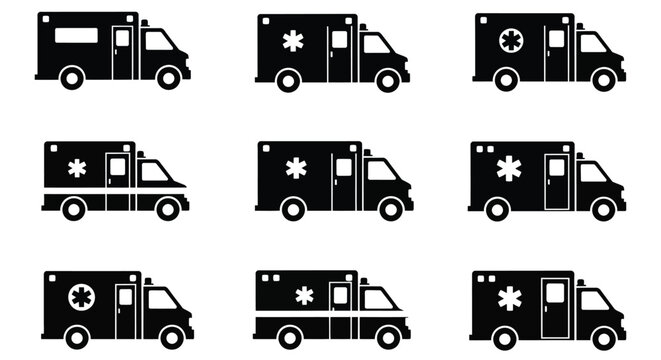 Nine ambulance icons in varying perspectives a black silhouette