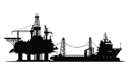 Offshore oil rig and supply ship depicted in bold silhouette © adobeamena