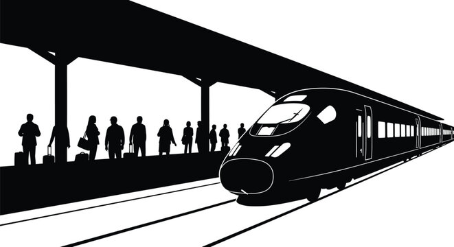 People wait for a modern high speed train at the station silhouette