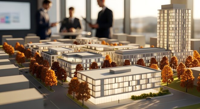 Architectural Model of a Modern City Block with People in the Background