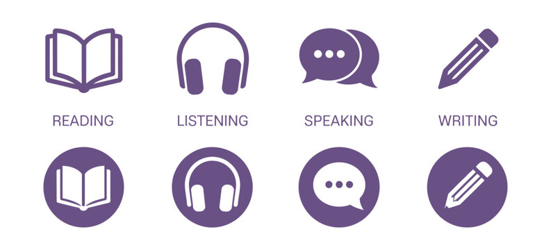 Language skill icon set speaking listening reading writing education test logo vector illustration with circular symbol design