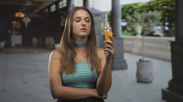 Young woman holding decorated ice cream cone with crossed arm and slight head tilt in a building colonnade near balustrade and potted planters; contemplation.