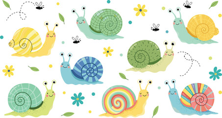 Cute Snail Characters in Various Colors with Flowers and Dots for Kids’ Designs and Fun Illustrations © Rownok