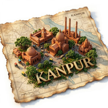 3D Miniature Representation of Kanpur City with Historic Architecture and Golden Typography on an Aged Map