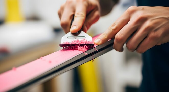 Detailed Close-up of Hands Grinding and Tuning a Bright Pink Ski for Optimal Snow Performance