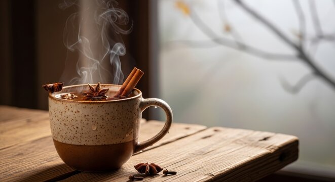 Hot Steaming Mug of Spiced Cider with Cinnamon