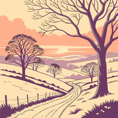 Fototapeta premium Serene rural landscape illustration with bare trees winding path rolling hills sunset over the horizon clear sky wire fence landscape illustration countryside peaceful outdoors stylized