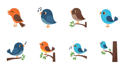Obraz premium Colorful cartoon birds perched on branches a set of vector illustrations