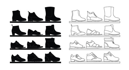 Obraz premium Black and white line art of various boots and shoes on shelves silhouette