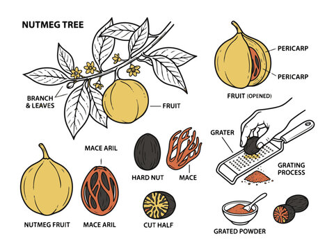 Nutmeg tree vector illustration diagram with fruit mace aril hard nut and grated powder preparation.